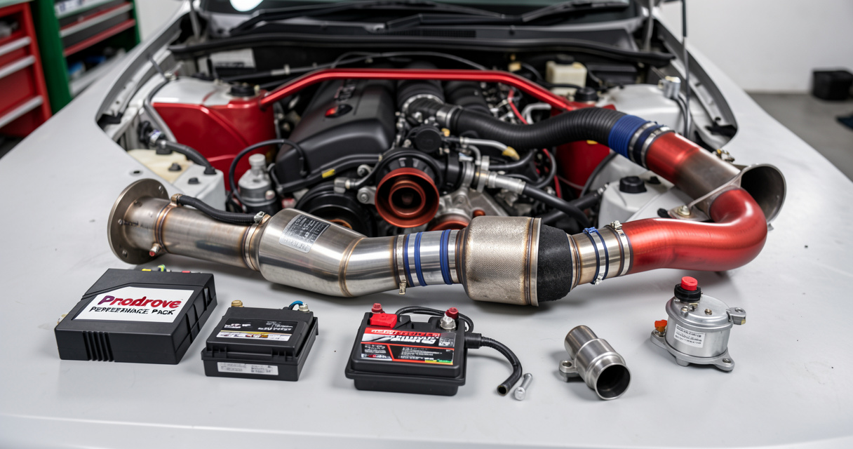 Composants du Prodrive Performance Pack Subaru Impreza WRX : ECU, catalyseur sport, échappement backbox, tuyau Y et pomp