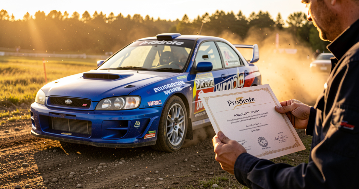 Certificat d'authenticité Prodrive Performance Pack pour Subaru Impreza WRX avec voiture en arrière-plan sur circuit ral
