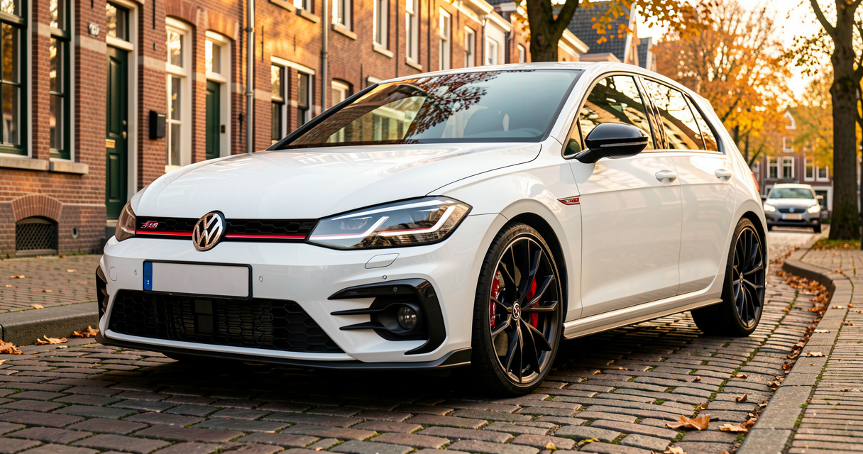 Volkswagen Golf 8 GTI blanche sur rue pavée en Belgique, calipers rouges et grille honeycomb
