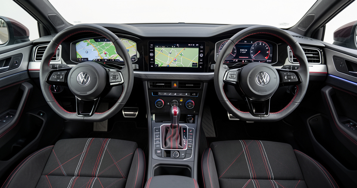 Intérieur de la Golf 8 GTI avec écran 12,9 pouces et sièges sport plaid, ambiance lumineuse