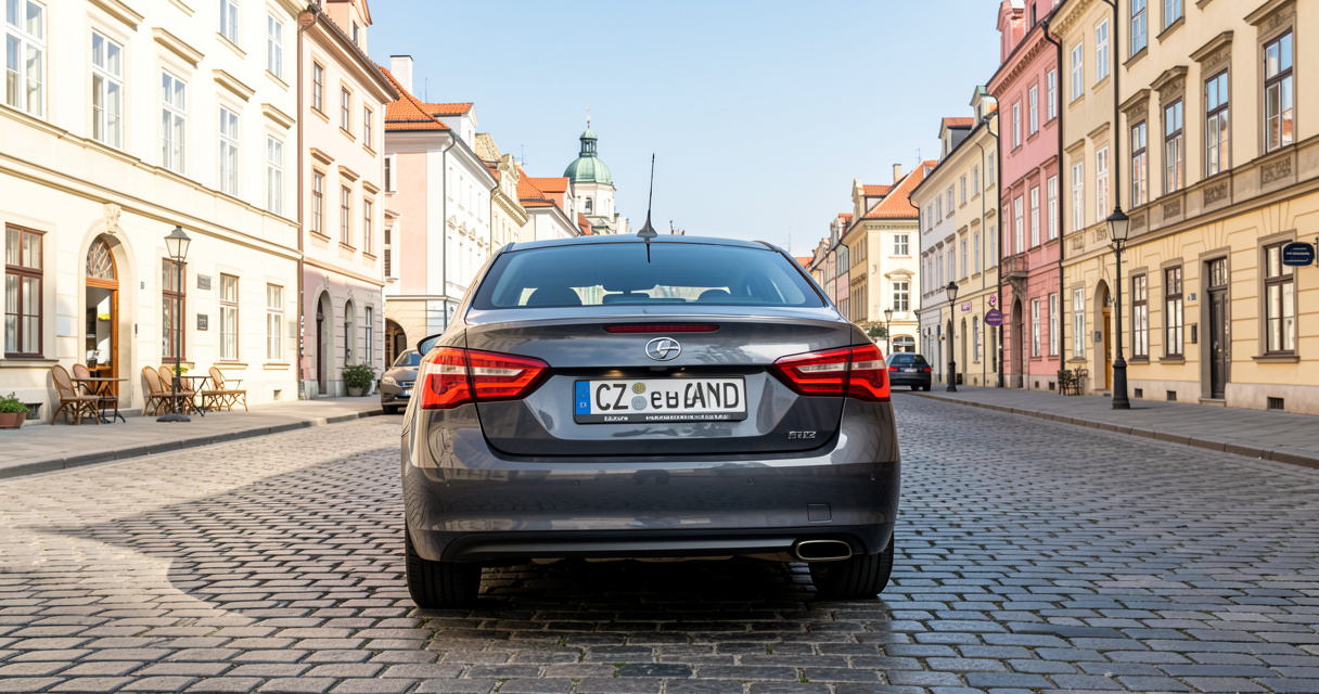 Voiture garée dans une rue de Prague avec plaque CZ visible à l'arrière du véhicule