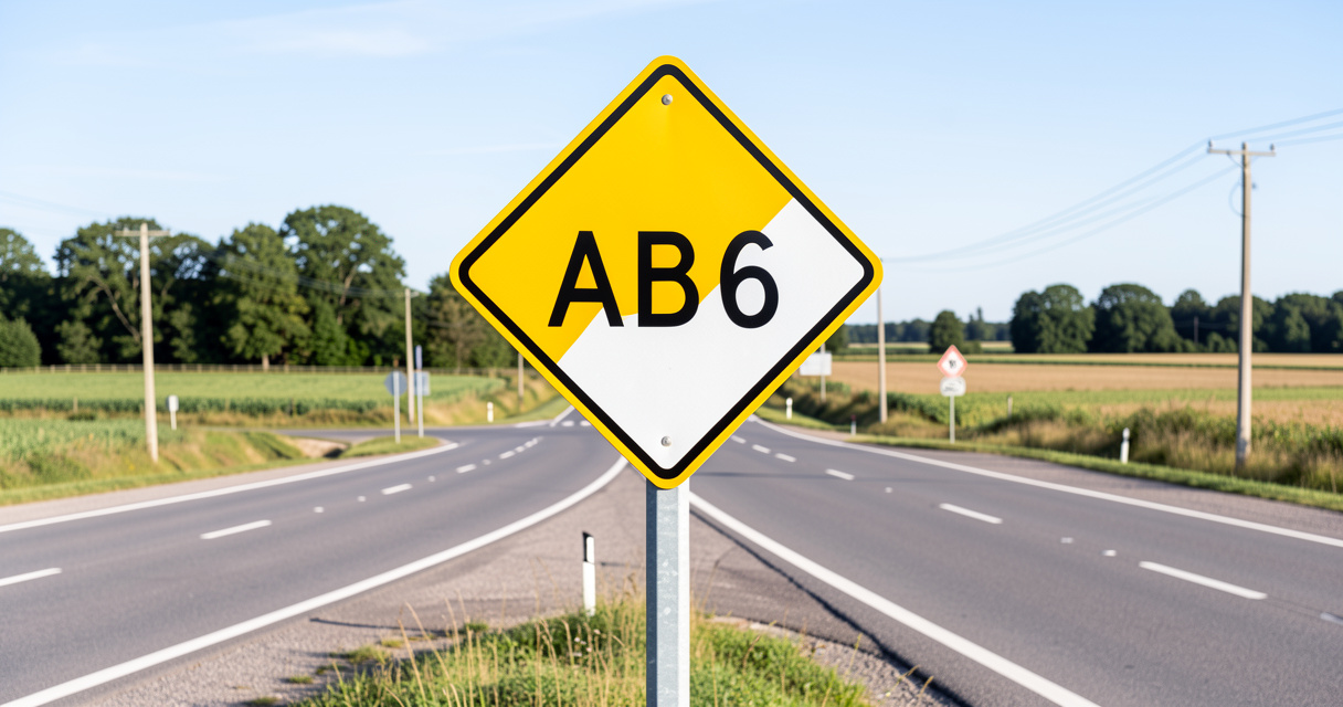 Panneau blanc et jaune de forme losange sur un poteau au bord d’une route de campagne, indiquant une route prioritaire.