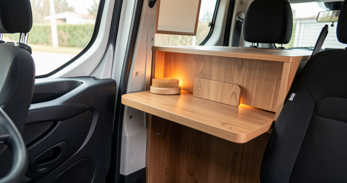 Intérieur aménagé Renault Trafic L2H1 avec meuble latéral et lit peigne