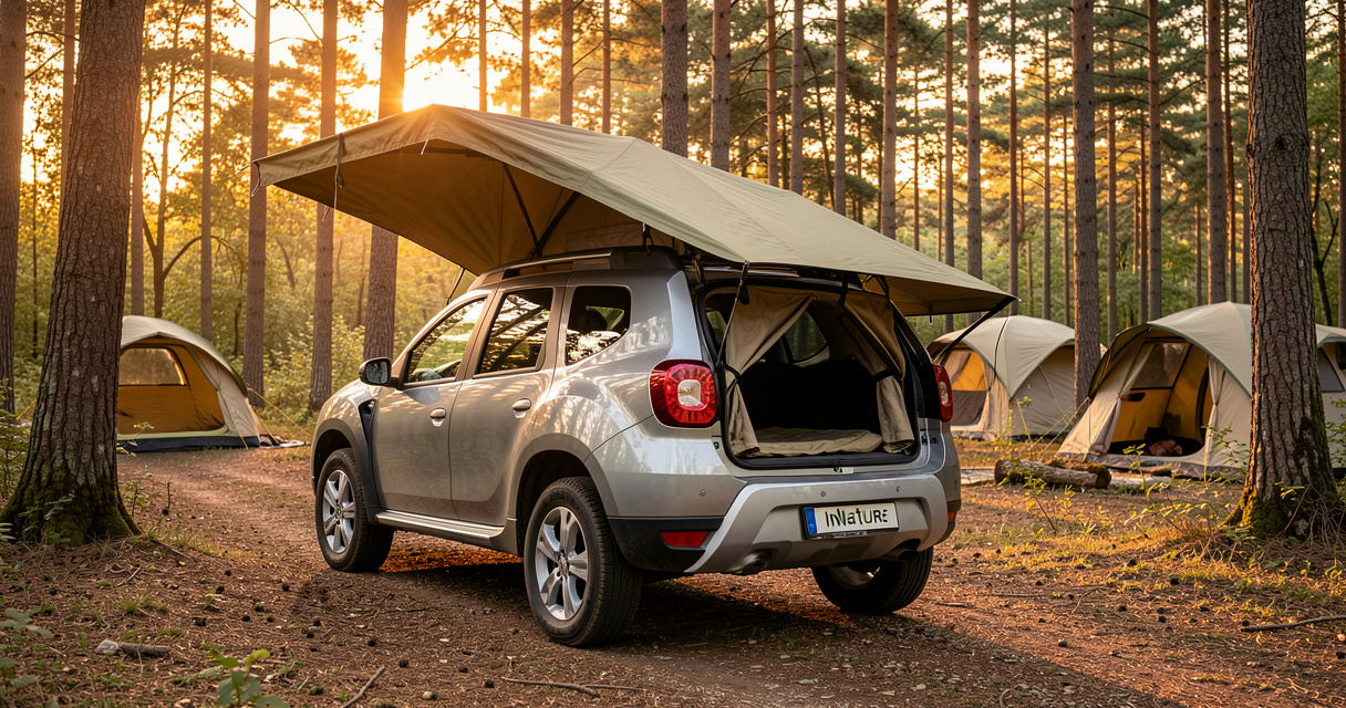 Dacia Duster 4x4 avec kit sommeil InNature et tente de hayon déployée en camping forêt