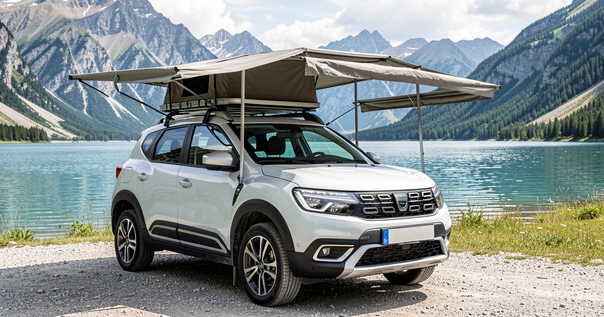 Dacia Bigster équipé d'un auvent InNature au bord d'un lac en montagne, micro-camper