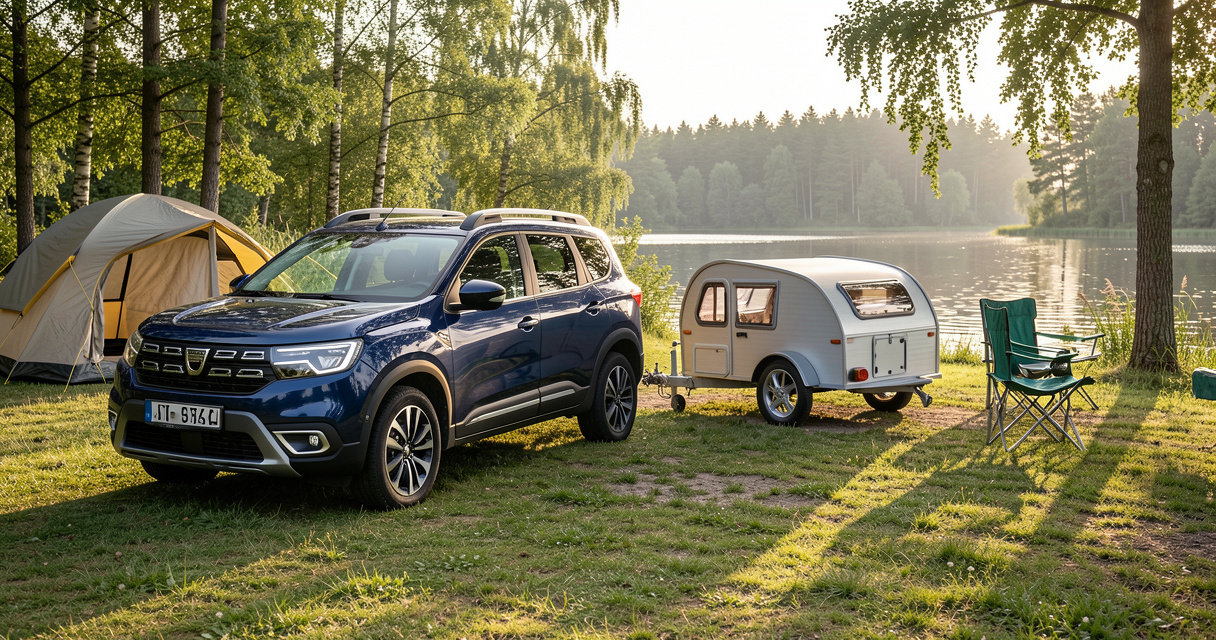 Vrai modèle Dacia Jogger tractant une caravane légère sur un camping nature