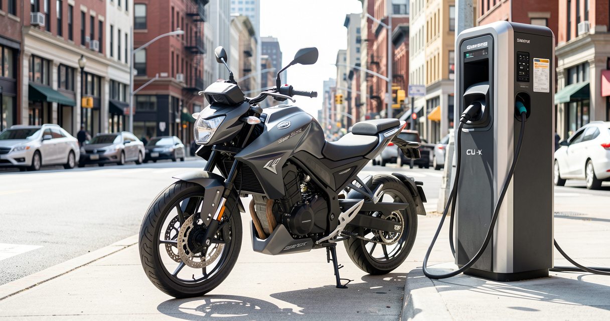 Moto électrique Super Soco CU-X garée près d'une borne de recharge en ville