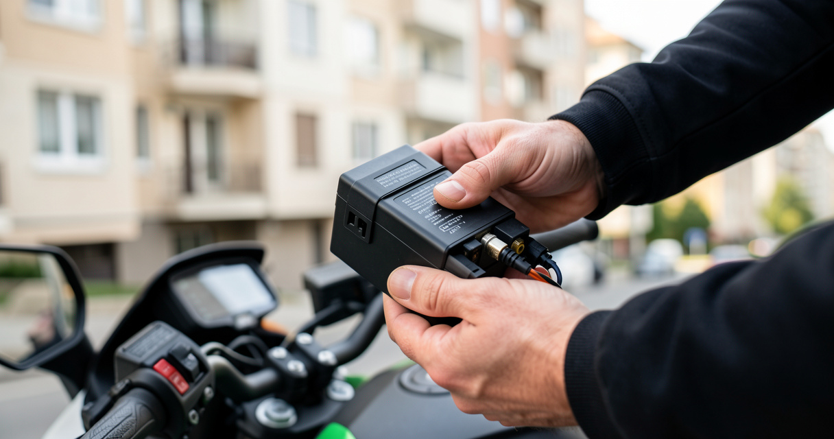 Batterie amovible d'une moto électrique 50cc tenue par un conducteur