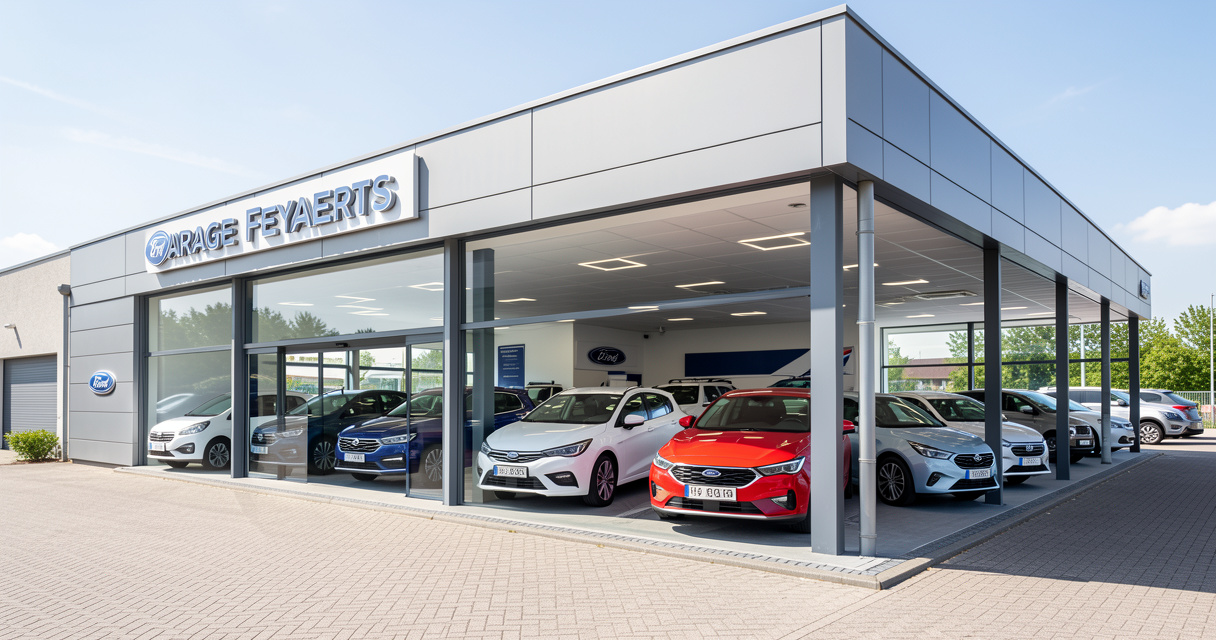 Façade du Garage Feyaerts Haacht concessionnaire Ford avec véhicules neufs en vitrine
