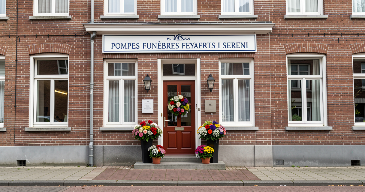 Entrée des pompes funèbres Feyaerts I Sereni à Haacht avec gerbe de fleurs sur le pas de la porte