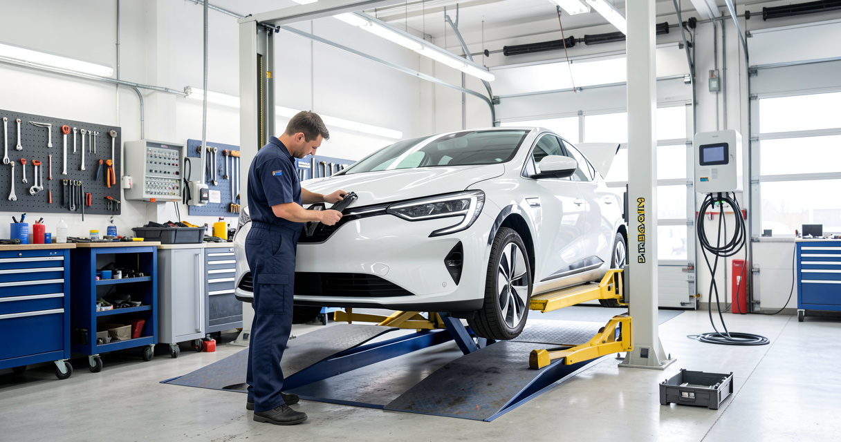 Mécanicien inspectant une Renault électrique dans le garage de Drogenbos