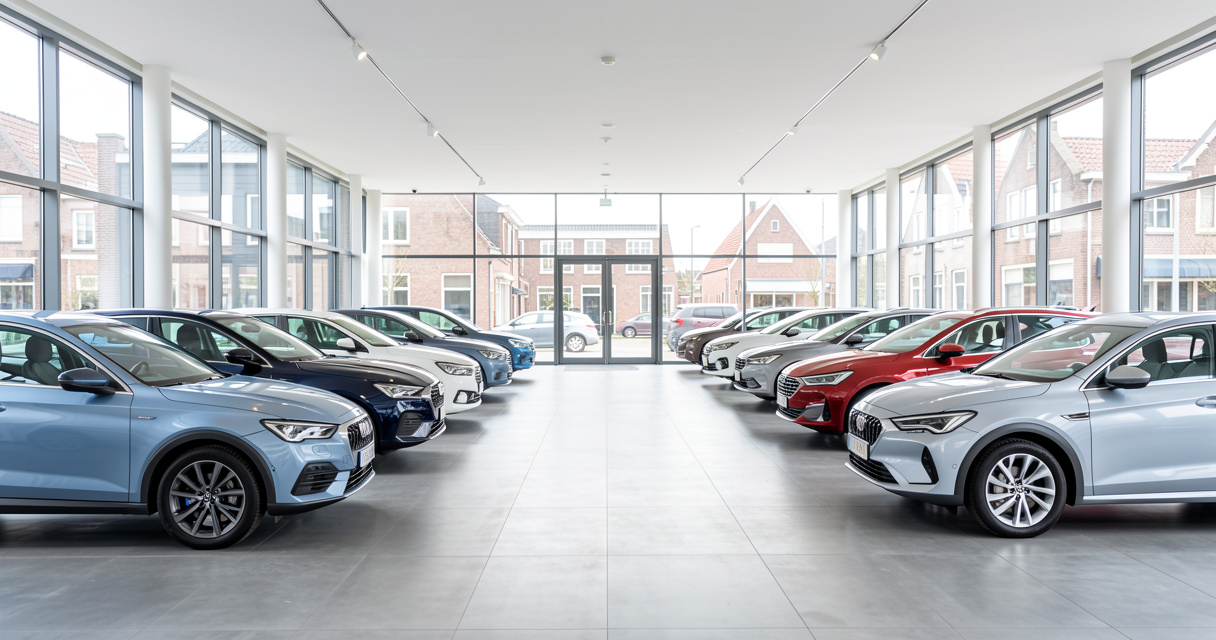Showroom met tweedehands auto's bij een garage in Brugge, klaar voor verkoop.