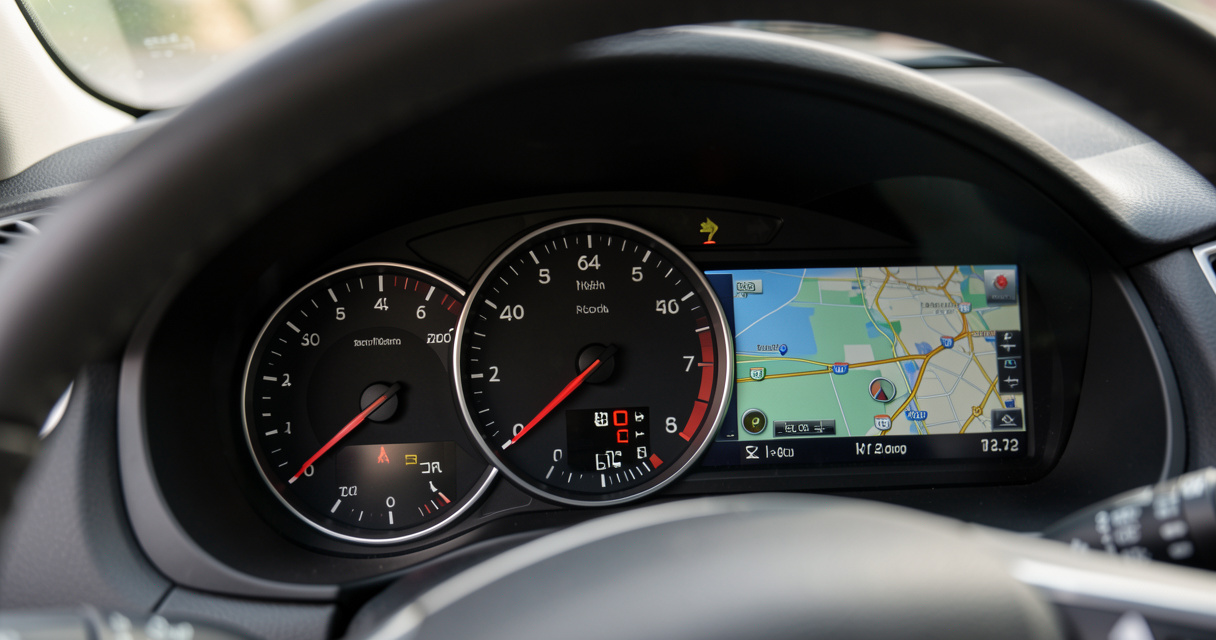 Dashboard van een occasion met kilometerstand en navigatiescherm, detailopname.