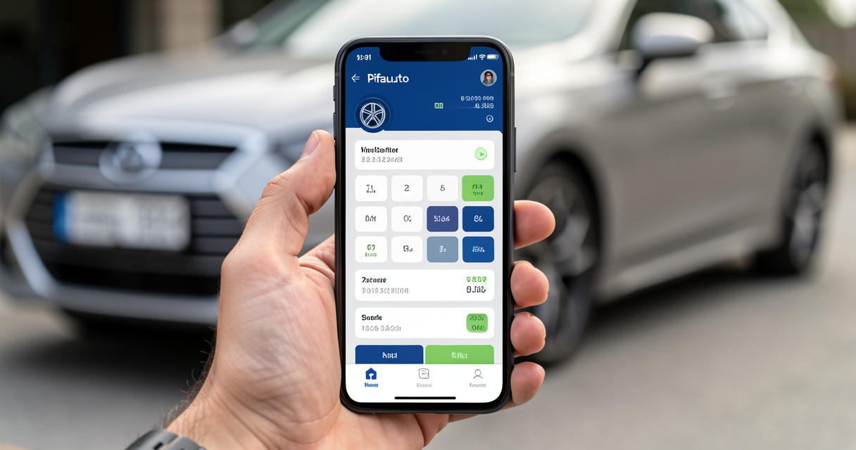 Utilisation du simulateur de calcul taille pneu Pifauto sur smartphone près d'une voiture