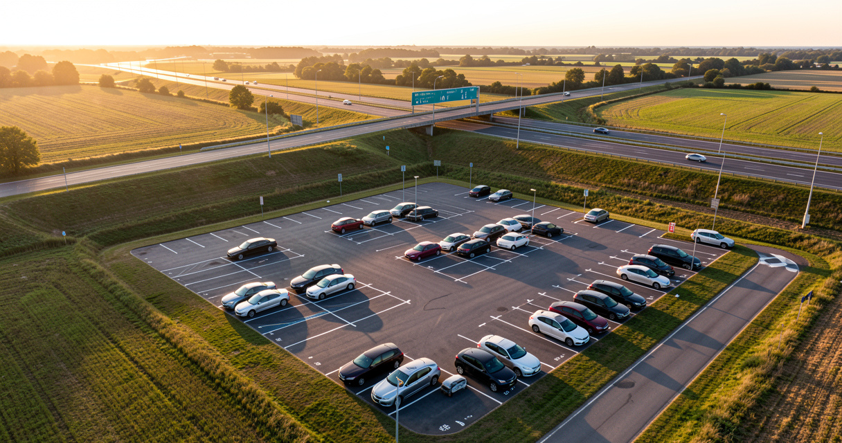 Vue aérienne du parking de covoiturage près de l'A10 à La Chapelle-Saint-Mesmin, Loiret, avec véhicules stationnés.