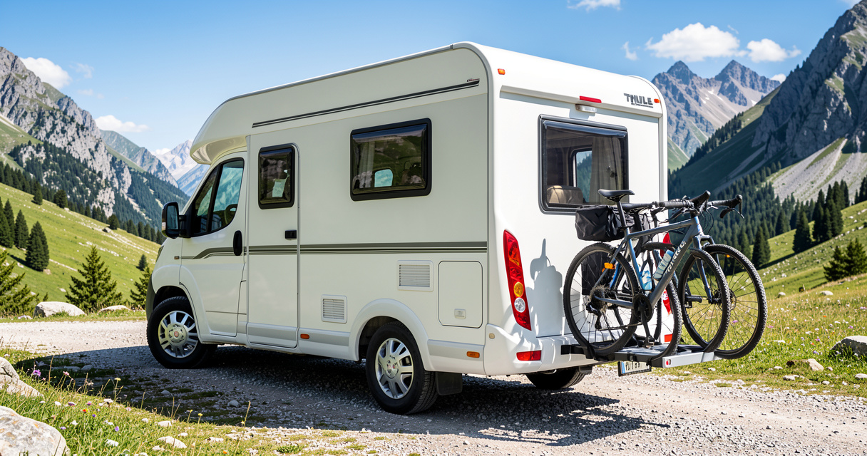Camping-car blanc avec porte-vélo Thule VeloSlide arrière transportant deux vélos en montagne