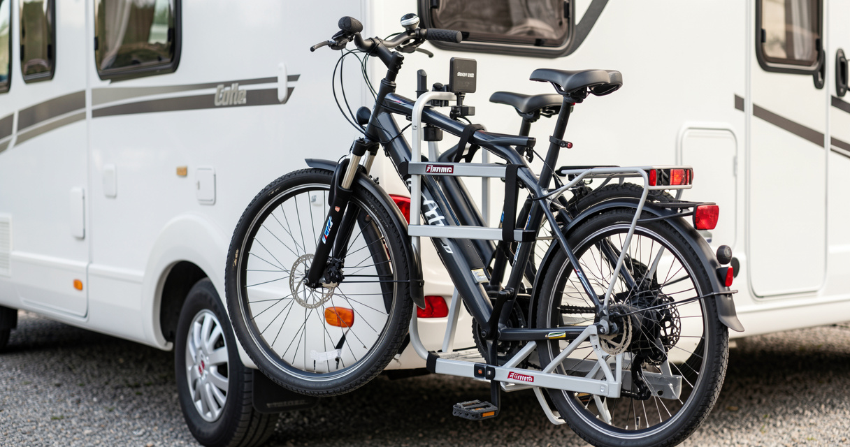 Gros plan sur un porte-vélo Fiamma Carry-Bike fixé sur un Fiat Ducato avec vélos attachés