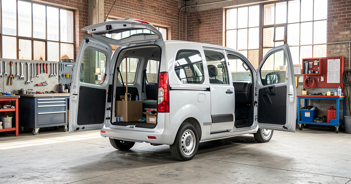 Fourgon utilitaire neuf en déstockage dans un atelier professionnel