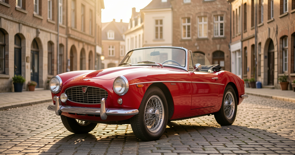 Triumph Spitfire rouge des années 1960 garée sur une place pavée belge